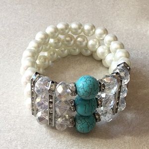 Cream glass faux pearl turquoise stone bracelet